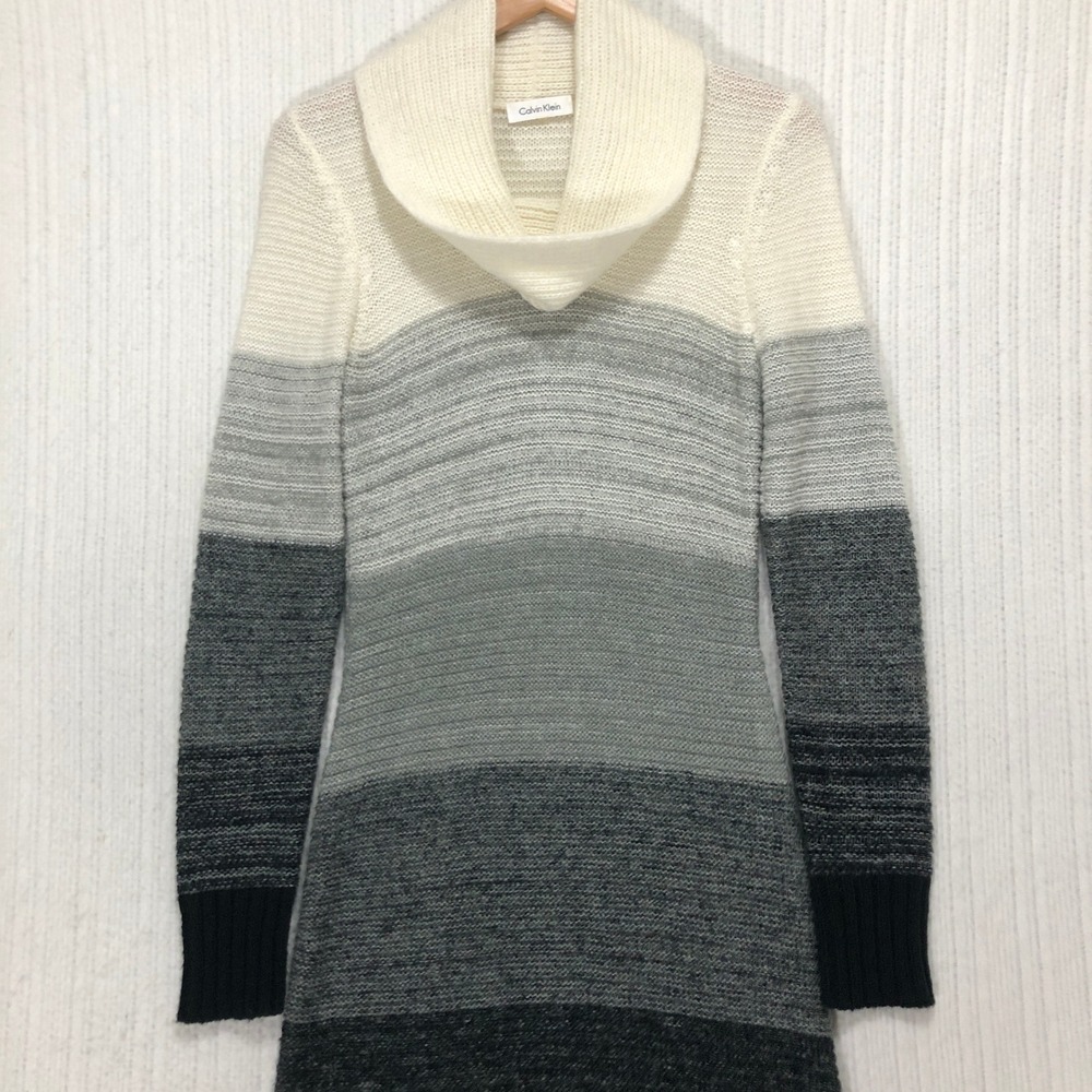 Calvin Klein Sweater Dress Cowl Neck Striped Long Sleeve Knit Women‎